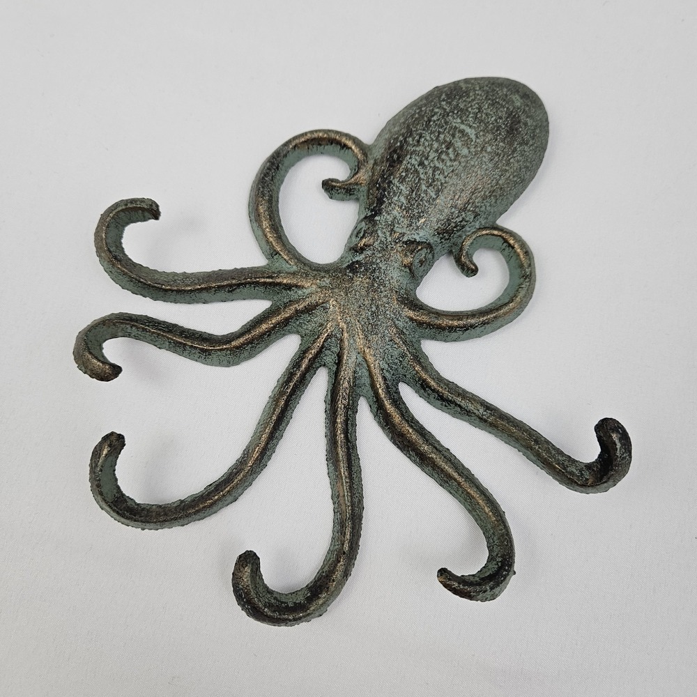 Octopus Cast Iron Wall Hook Key Rack Towel Hanger Verdigris Nautical Coastal - Picture 2 of 8